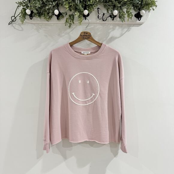 Newbury Kustom Pink Smiley Embroidered Sweatshirt New Small 19-3111 - Picture 1 of 5